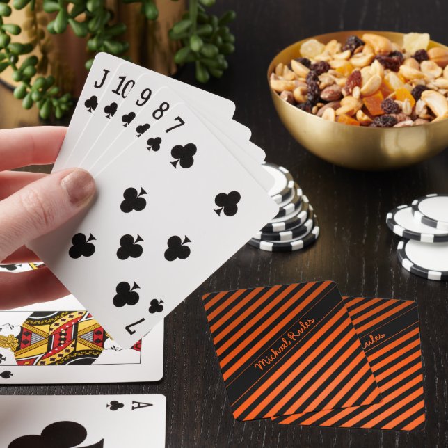 Elegant Black and Orange Diagonal Stripes Name Poker Cards (In Situ)
