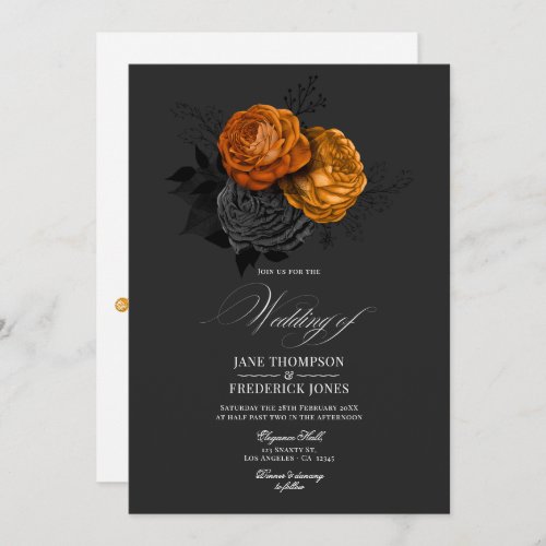 Elegant Black and Orange Gothic Floral Design Invitation