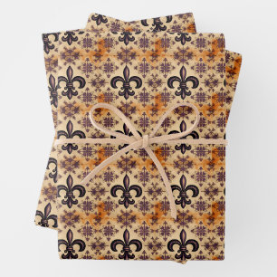 Elegant Black and Orange Pattern Wrapping Paper Sheets