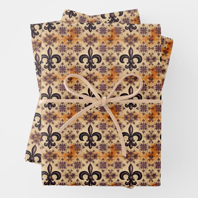 Elegant Black and Orange Pattern Wrapping Paper Sheets (In situ)