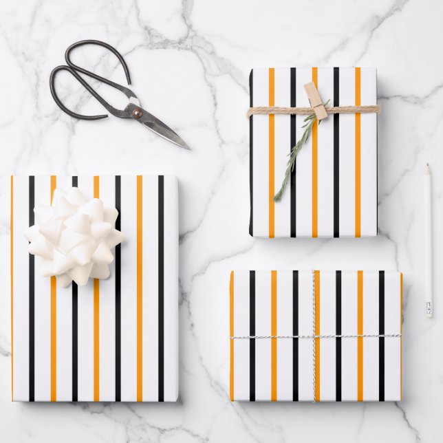 Elegant Black And Orange Striped Wrapping Paper Sheets (Front)