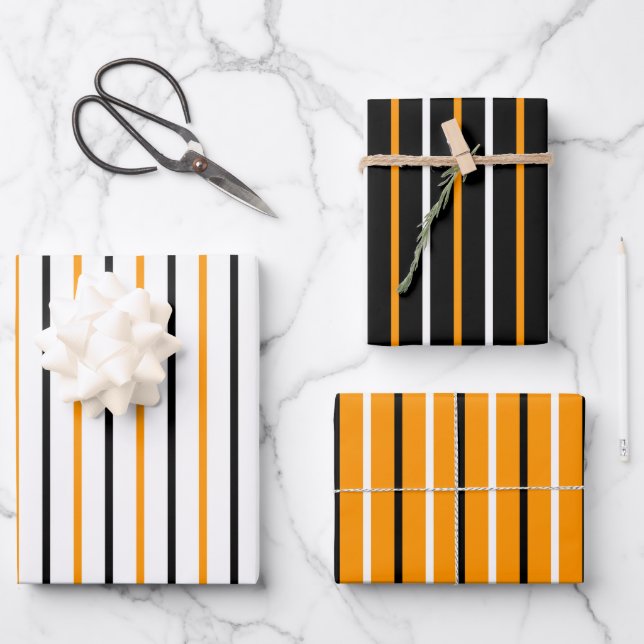 Elegant Black And Orange Stripes Pattern Wrapping Paper Sheets (Front)