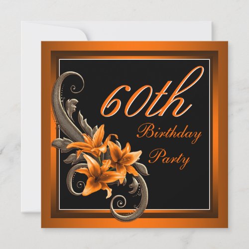 Elegant Black and Orange Tiger Lily Birthday Party Custom Invitations