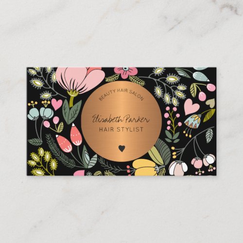 Elegant black and pastel pink floral beauty salon business card