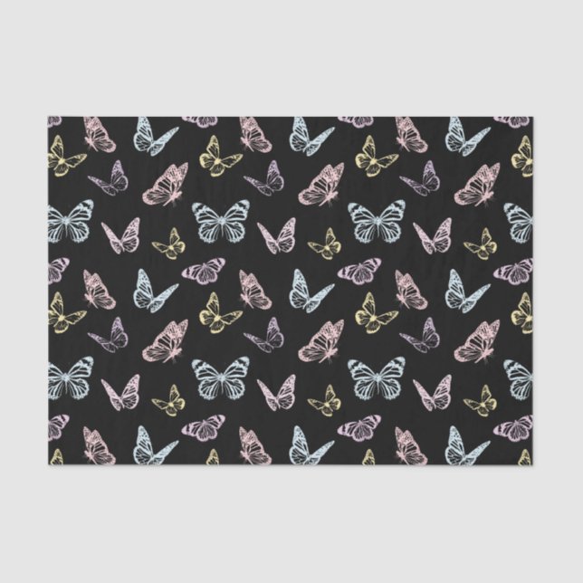 Elegant Black and Pastel Rainbow Butterfly Pattern Tissue Paper (Front)