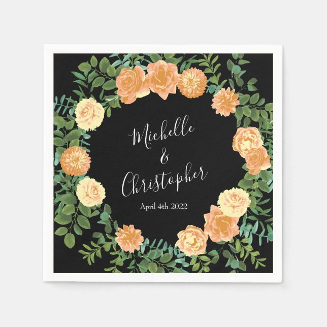 Elegant Black and Peach Rose Wedding Napkins (Front)