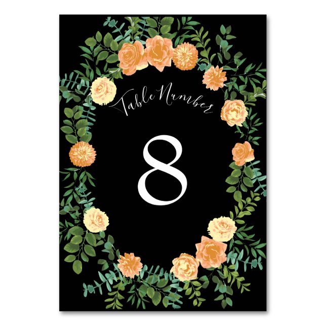 Elegant Black and Peach Rose Wedding Table Number (Back)
