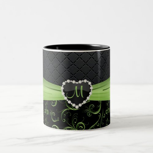 Elegant Black and Peridot Green Floral Monogram Two_Tone Coffee Mug