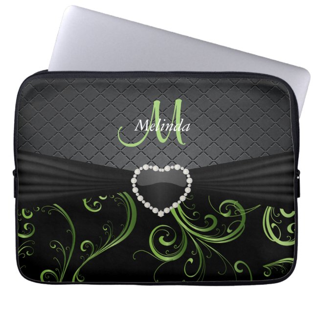 Elegant Black and Peridot Green Floral Pattern Laptop Sleeve (Front)