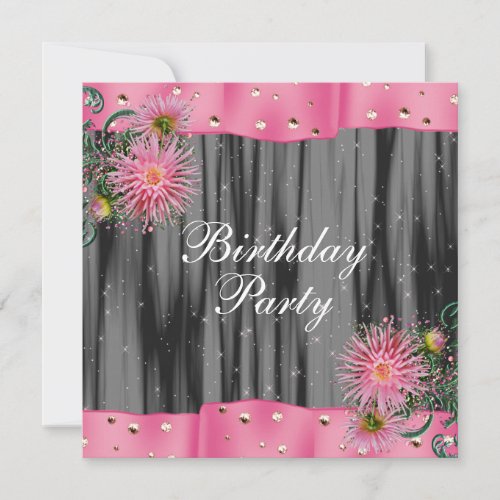 Elegant Black And Pink Dahlia Birthday Party Invite