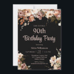 Elegant Black and Pink Floral 90th Birthday Invitation<br><div class="desc">Elegant Black and Pink Floral 90th Birthday Invitation
This elegant 90th surprise birthday party invitation is perfect for your special event! This design features beautiful pink watercolor flowers on a black background. The custom typography is trendy and elegant!</div>