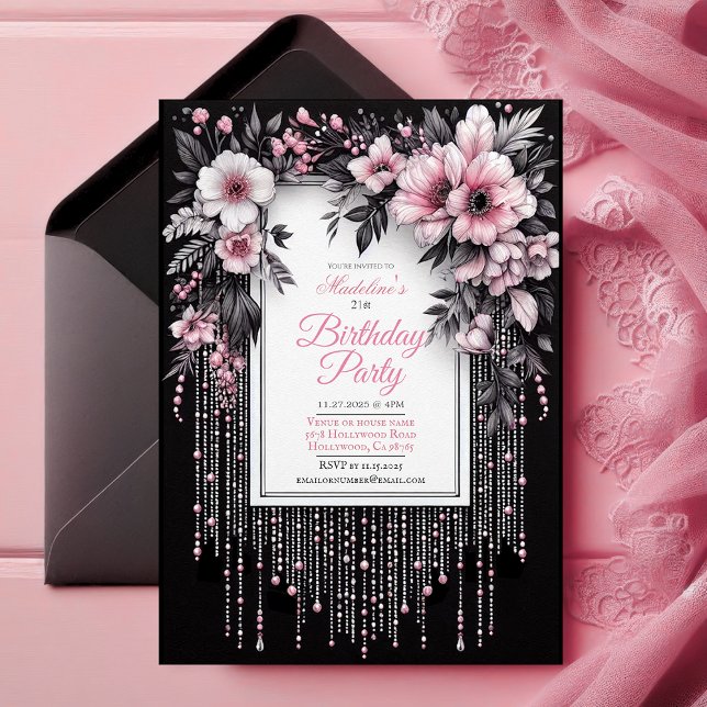 Elegant Black and Pink Floral Birthday Invitation (Editable Sweet 16 Invitation, black and pink floral, sixteenth birthday party, elegant glam chic,)