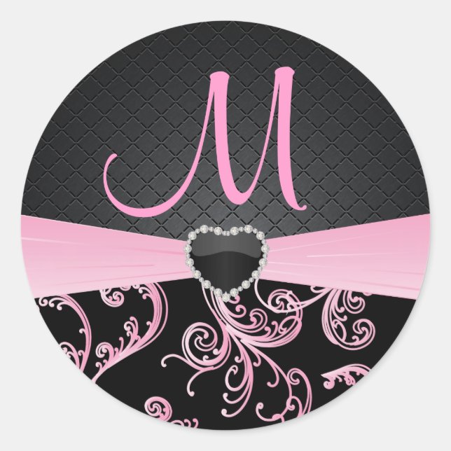 Elegant Black and Pink Floral Pattern Classic Round Sticker (Front)