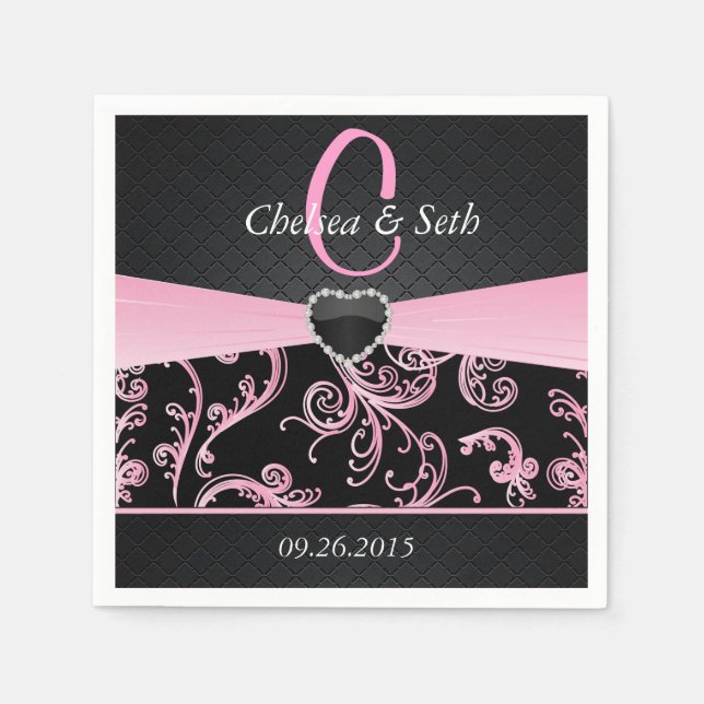 Elegant Black and Pink Floral Pattern Napkins (Front)
