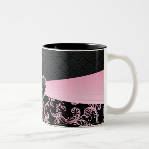 Elegant Black and Pink Floral Pattern Two_Tone Coffee Mug