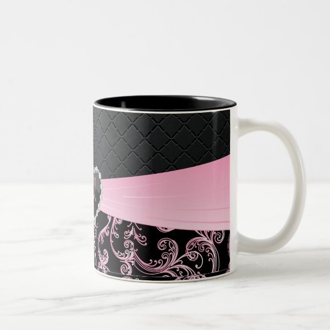 Elegant Black and Pink Floral Pattern Two-Tone Coffee Mug (Right)