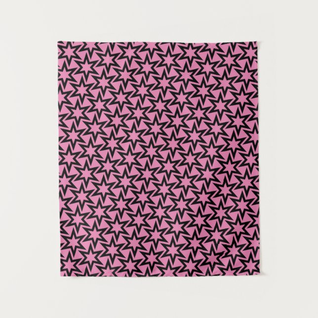 Elegant Black and Pink Geometric Star Pattern Tapestry (Front)