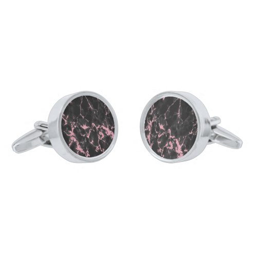 Elegant Black And Pink Glitter Silver Cufflinks