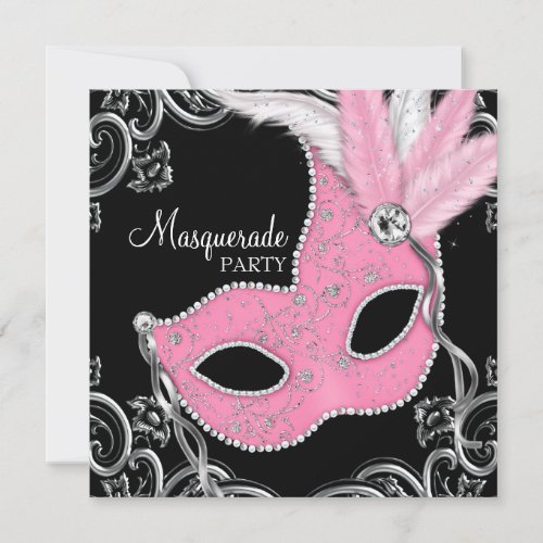 Elegant Black and Pink Masquerade Party Custom Announcement
