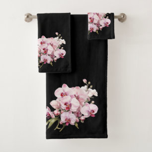Elegant Black and Pink Orchid Bath Towel Set