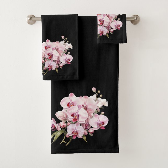 Elegant Black and Pink Orchid Bath Towel Set (Insitu)
