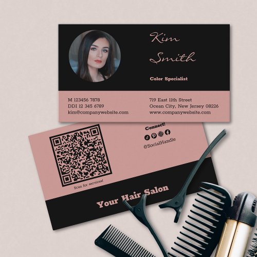Elegant Black and Pink QR Code Hair Salon Employee Business Card