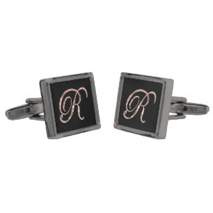 Elegant Black and Pink Rose Gold Initial R Classic Cufflinks