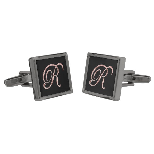 Elegant Black and Pink Rose Gold Initial R Classic Cufflinks (Angled)
