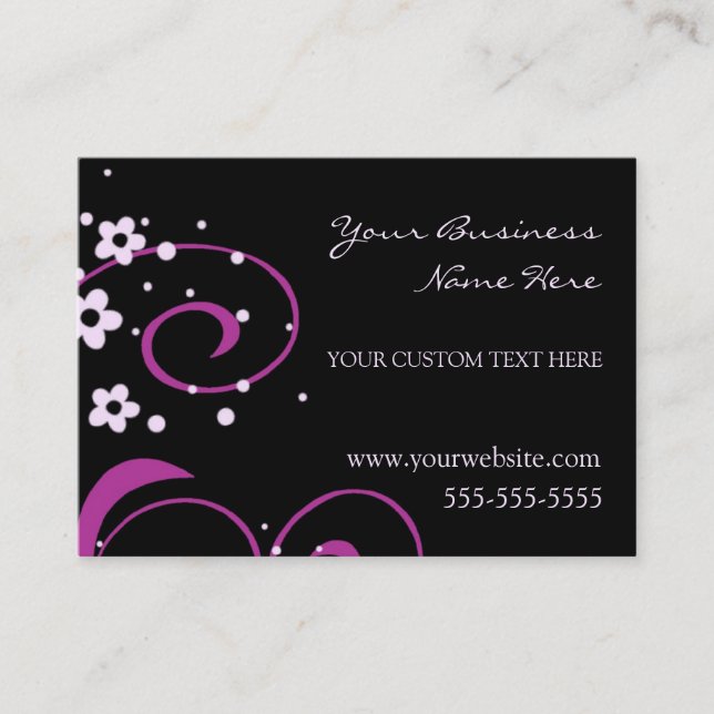 Elegant Black and Pink Swirls Business Cards (Front)