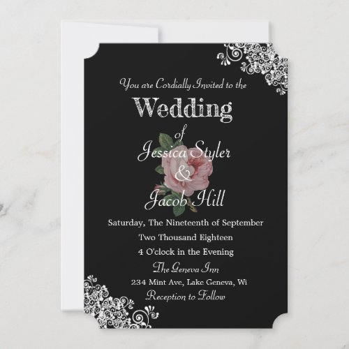 Elegant Black and Pink Vintage Rose Wedding Invitation