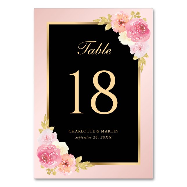 Elegant Black and Pink Watercolor Floral Table Number (Front)