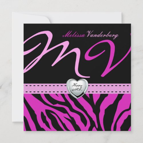 Elegant black and Pink Zebra Happy 40th Bithday Custom Announcement