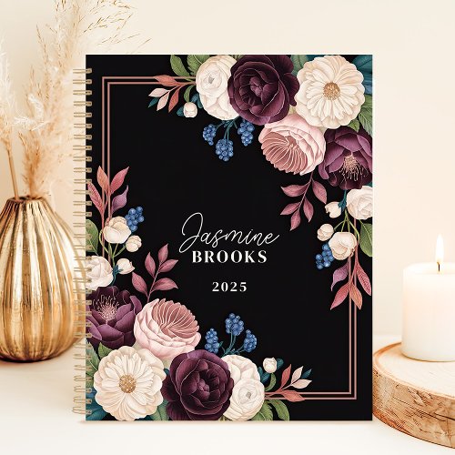 Elegant Black And Plum Floral Custom Name Planner