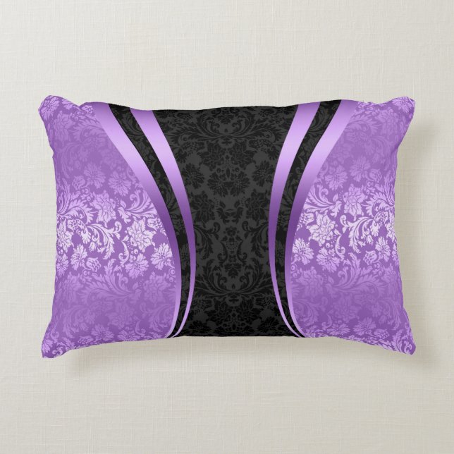 Elegant Black And Purple Floral Damasks Accent Pillow (Front)