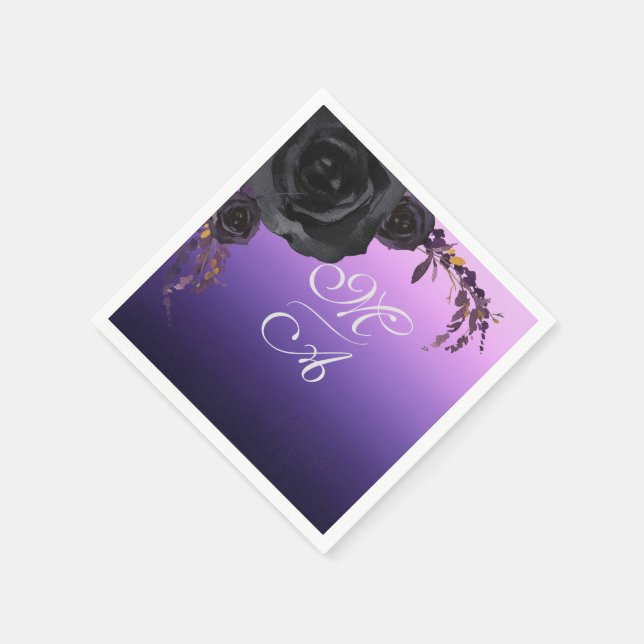 Elegant Black and Purple Floral Monogram Wedding Napkins (Corner)