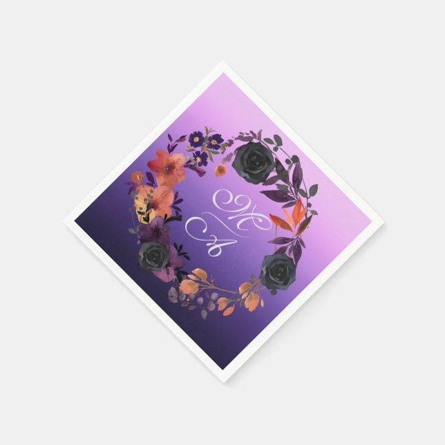 Elegant Black and Purple Floral Monogram Wedding Napkins (Corner)
