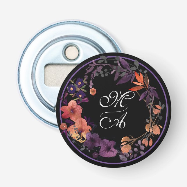 Elegant Black and Purple Floral Wedding Favor Bottle Opener (Front)