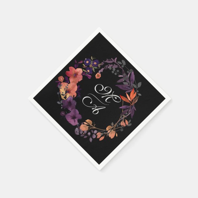 Elegant Black and Purple Floral Wedding Favor Napkins (Corner)