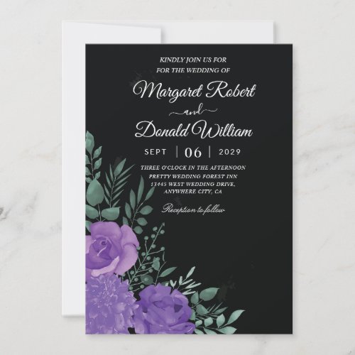 Elegant black and purple floral wedding invitation