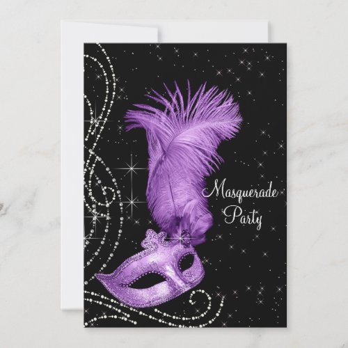 Elegant Black and Purple Masquerade Party Invitation