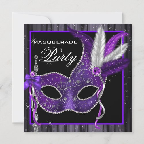 Elegant Black and Purple Masquerade Party Personalized Invite