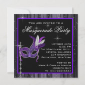 Elegant Black and Purple Masquerade Party Invitation (Back)