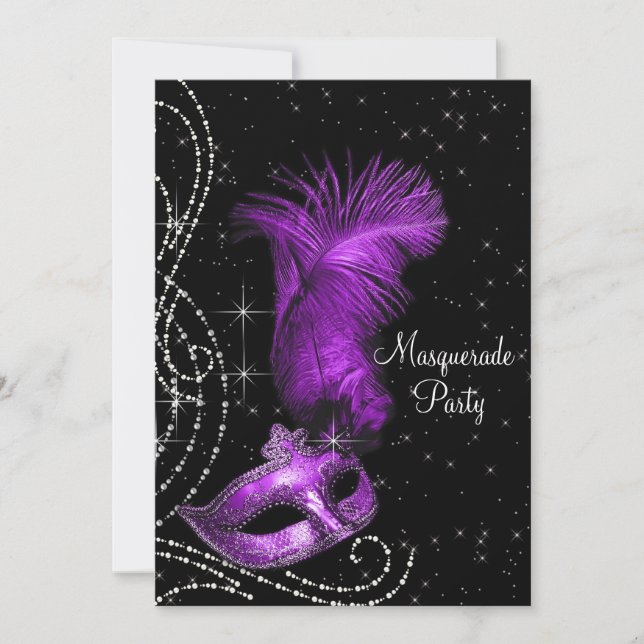 Elegant Black and Purple Masquerade Party Invitation (Front)