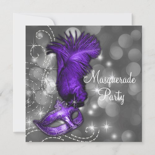 Elegant Black and Purple  Masquerade Party Custom Invite