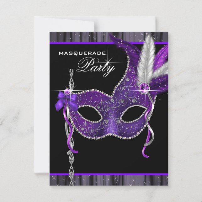 Elegant Black and Purple Masquerade Party Invitation (Front)