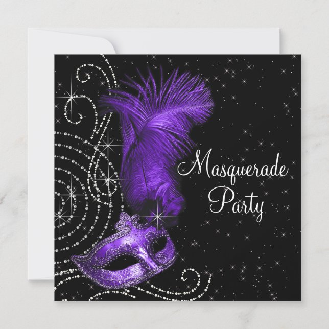 Elegant Black and Purple  Masquerade Party Invitation (Front)