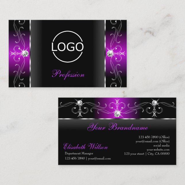 Elegant Black and Purple Squiggled Jewels add Logo Business Card (Front/Back)