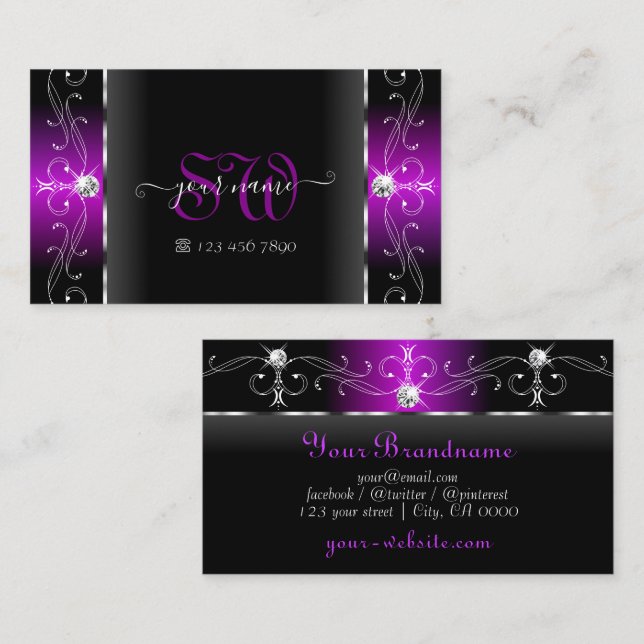 Elegant Black and Purple Squiggled Jewels Monogram Business Card (Front/Back)