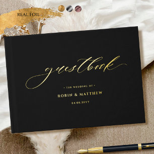 Elegant Black and Real Foil Calligraphy Wedding Foil Guest Book
