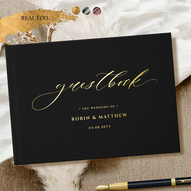 Elegant Black and Real Foil Calligraphy Wedding Foil Guest Book (Creator Uploaded)